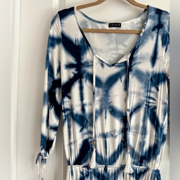 Venus Tie-Dye V-Neck Mini Dress Beach Coverup Blue White Bohemian Style XS - Picture 7 of 7